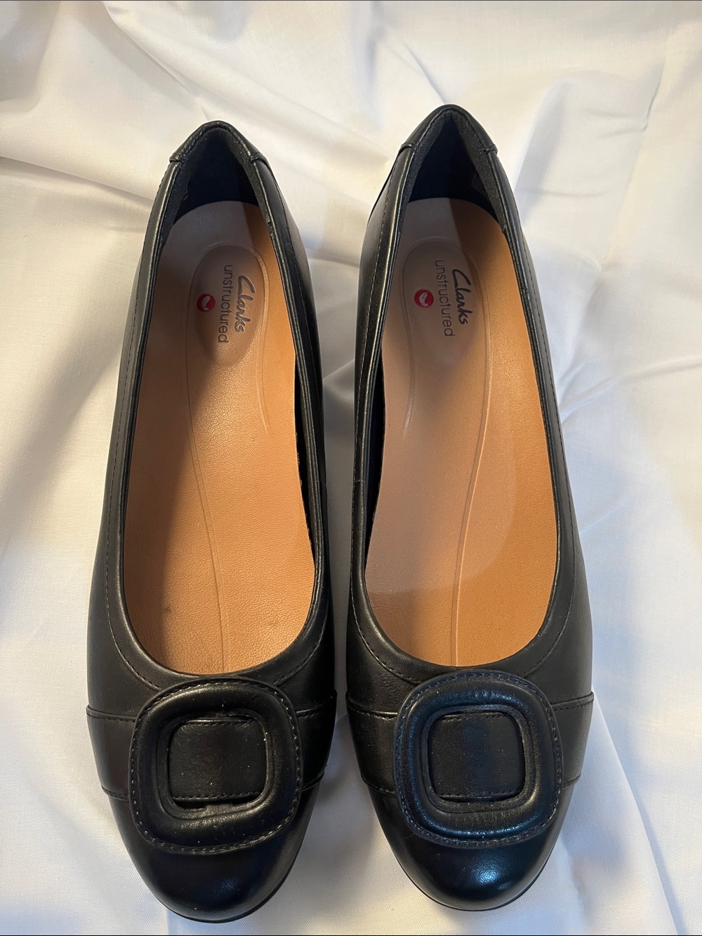 Clarks Black Leather Square-Buckle Flats